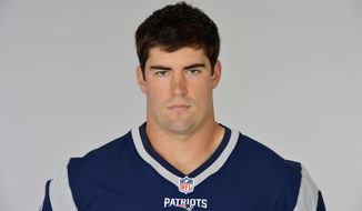 FILE- This is a 2015 file photo of Jake Bequette of the New England Patriots NFL football team. Former NFL player Jake Bequette on Monday, July 12, 2021, announced he&#39;s challenging Arkansas Sen. John Boozman in next year&#39;s Republican primary. Bequette, an Army veteran who also played for the Arkansas Razorbacks, launched his bid with a online video touting his football and military background. (AP Photo/File)