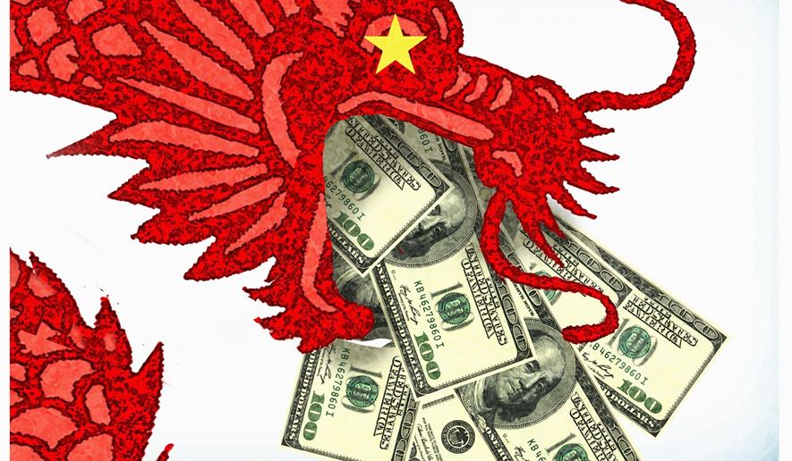 Illustration on China&#x27;s money influence by Alexander Hunter/The Washington Times