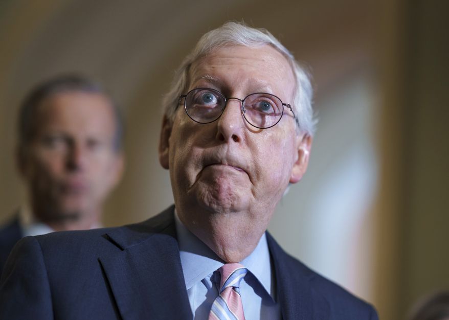 Senate Minority Leader Mitch McConnell, R-Ky., speaks to reporters at the Capitol in Washington, Tuesday, July 13, 2021, following a weekly GOP strategy meeting. (AP Photo/J. Scott Applewhite)
