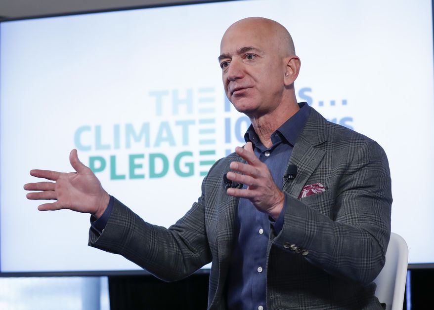 This Sept. 19, 2019, file photo shows Jeff Bezos speaking at the National Press Club in Washington. The Smithsonian Institution announced July 14, 2021, that Bezos, founder of Amazon and space-flight company Blue Origin, is donating $200 million to the National Air and Space Museum. (AP Photo/Pablo Martinez Monsivais) ** FILE **
