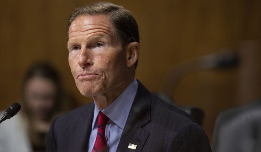 Sen. Richard Blumenthal, Connecticut Democrat, speaks to federal judicial nominees during a Senate Judiciary Hearing on Capitol Hill in Washington on Wednesday, July 14, 2021. (AP Photo/Amanda Andrade-Rhoades)