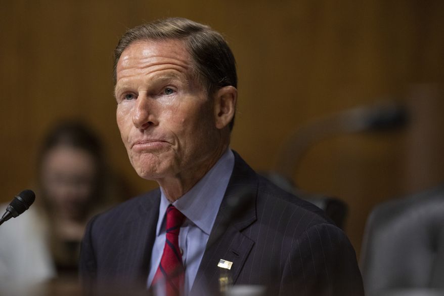 Sen. Richard Blumenthal, Connecticut Democrat, speaks to federal judicial nominees during a Senate Judiciary Hearing on Capitol Hill in Washington on Wednesday, July 14, 2021. (AP Photo/Amanda Andrade-Rhoades)