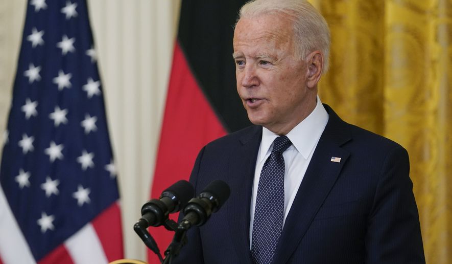 President Joe Biden speaks during. News conference with German Chancellor Angela Merkel in the East Room of the White House in Washington, Thursday, July 15. (AP Photo/Susan Walsh)