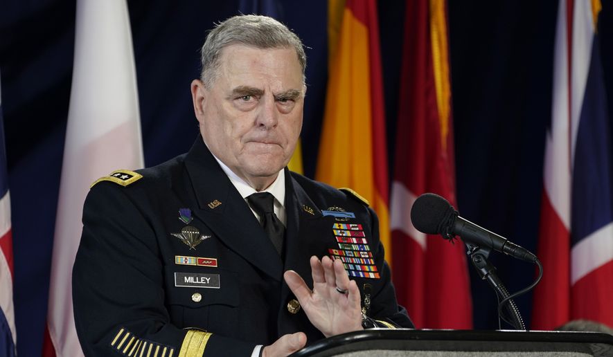 Chairman of the Joint Chiefs of Staff, Gen. Mark Milley, at podium, speaks during a ceremony marking full operation of the NATO&#x27;s Joint Force Command aboard the USS Kearsarge at Naval Station Norfolk, Thursday , July 15, 2021, in Norfolk, Va. (AP Photo/Steve Helber)