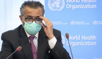 In this Monday, May 24, 2021 file photo, Tedros Adhanom Ghebreyesus, Director General of the World Health Organization (WHO), speaks at the WHO headquarters, in Geneva, Switzerland. The head of the World Health Organization said Thursday, July 15 that he is asking China to be more transparent as scientists search for the origins of the coronavirus and acknowledged it was premature to rule out that the pandemic may have been linked to a laboratory leak. (Laurent Gillieron/Keystone via AP, File)