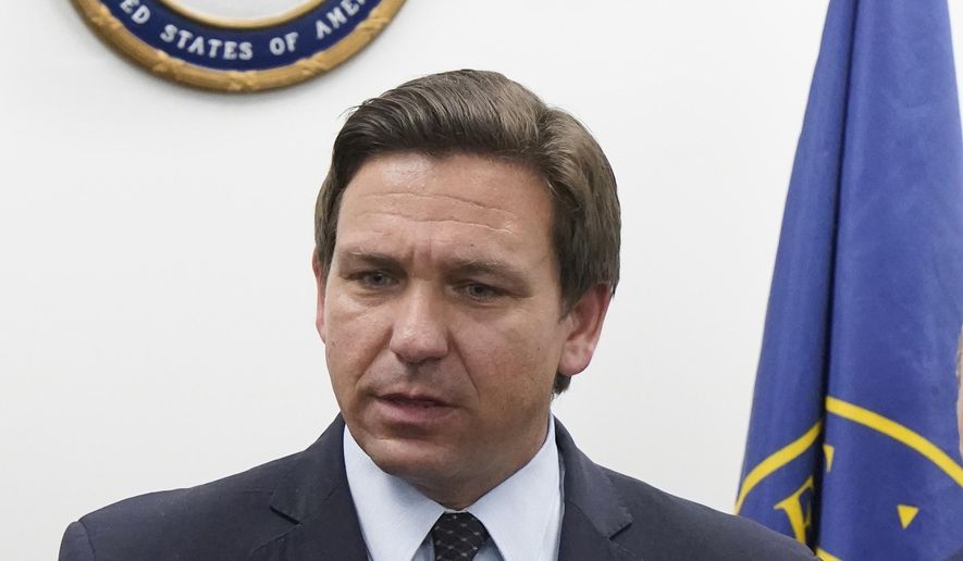 In this Thursday, July 15, 2021, file photo, Florida Gov. Ron DeSantis speaks during a news conference at the offices of U.S. Rep. Maria Elvira Salazar, R-Fla., in Miami. (AP Photo/Wilfredo Lee, File)  **FILE**