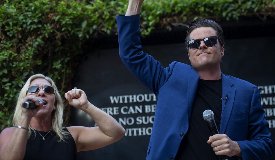 Republican Reps. Marjorie Taylor Greene and Matt Gaetz make an appearance at a rally Saturday, July 17, 2021, in Riverside, Calif. (Cindy Yamanaka/The Orange County Register via AP) ** FILE **