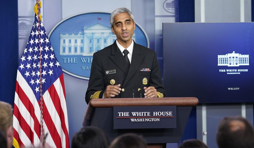 In this Thursday, July 15, 2021, file photo, Surgeon General Dr. Vivek Murthy speaks during the daily briefing at the White House in Washington. (AP Photo/Susan Walsh) ** FILE **
