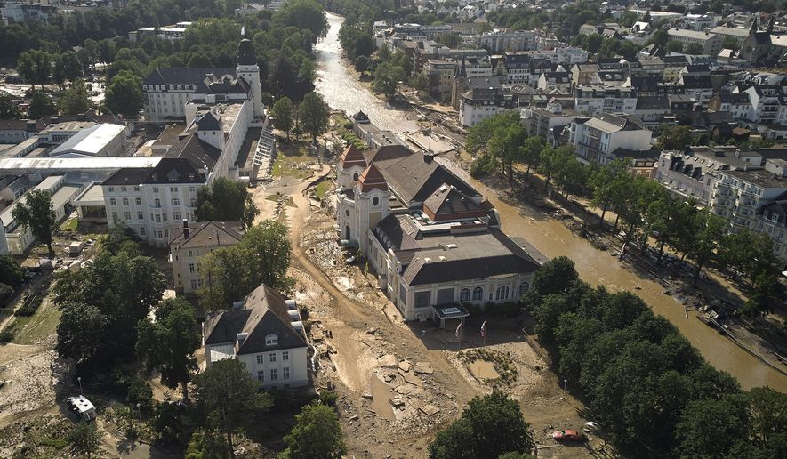 Damage and debris from flooding is near the Ahr River, including in the spa complex, Sunday, July 18, 2021, in Bad Neuenahr, Germany. (Thomas Frey/dpa via AP)