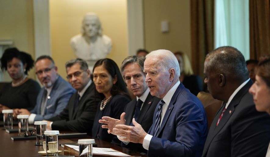 President Joe Biden holds a meeting with his Cabinet in the Cabinet Room at the White House in Washington, Tuesday, July 20, 2021. From left, Deputy Director of the Office of Management and Budget Shalanda Young, Secretary of Education Secretary Miguel Cardona, Secretary of Health and Human Services Secretary Xavier Becerra, Secretary of the Interior Secretary Deb Haaland, Secretary of State Antony Blinken, Biden, Secretary of Defense Lloyd Austin and Secretary of Commerce Secretary Gina Raimondo. (AP Photo/Susan Walsh)