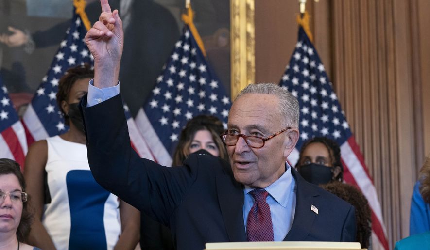 Senate Majority Leader Chuck Schumer, D-N.Y., speaks during a child tax credit news conference, on Capitol Hill in Washington, Tuesday, July 20, 2021. (AP Photo/Jose Luis Magana)
