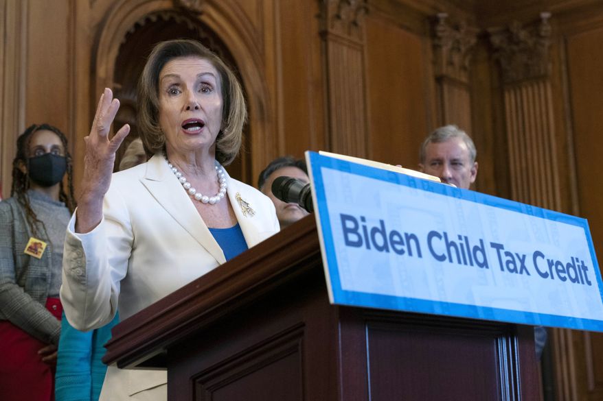 Speaker of the House Nancy Pelosi, D-Calif., speaks during Biden Child Tax Credit news conference, on Capitol Hill in Washington, Tuesday, July 20, 2021. (AP Photo/Jose Luis Magana) **FILE**
