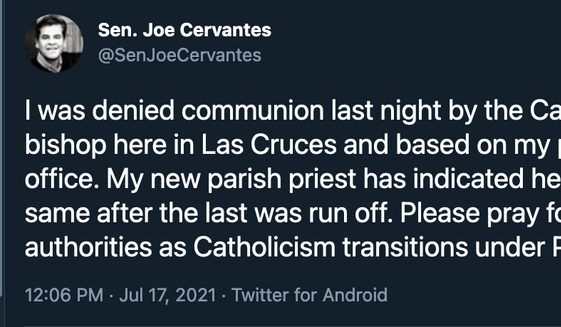 Screen capture from the Twitter feed of New Mexico state Senator Joe Cervantes, taken July 20, 2021. (Twitter.com/SenJoeCervantes)