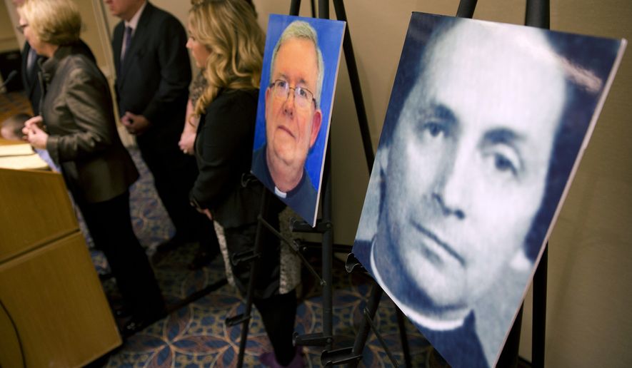 In this Nov. 13, 2013, photo, a photo of Rev. Robert Brennan, right, is displayed during a news conference in Philadelphia. Federal prosecutors in Philadelphia charged Brennan, a former Roman Catholic priest with lying to the FBI about whether he knew the accuser and his family. Pennsylvania&#39;s high court on Wednesday, July 21, 2021, dealt a blow to victims of child sexual abuse, throwing out a lawsuit by a woman whose lower court legal victory had given hope to others with similarly outdated claims who&#39;d sued in the wake of a landmark report that documented decades of child molestation within the Catholic church in Pennsylvania. (AP Photo/Matt Rourke) **FILE**