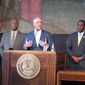 Louisiana Gov. John Bel Edwards talks to the media after Republican lawmakers failed in their effort to override any of his vetoes in a two-day legislative gathering that ended Wednesday, July 21, 2021, in Baton Rouge, La. To the left of Edwards is Senate Democratic leader Gerald Boudreaux of Lafayette, and to his right is House Democratic leader Sam Jenkins of Shreveport. (AP Photo/Melinda Deslatte)
SLUG: BC-LA-XGR--Louisiana Veto Session