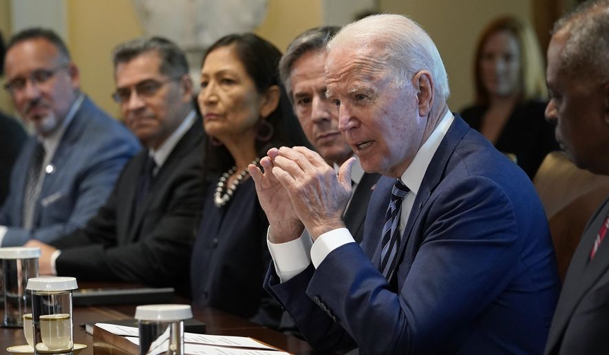 President Joe Biden speaks during a meeting with his Cabinet in the Cabinet Room at the White House in Washington, Tuesday, July 20, 2021. From left, Secretary of Education Miguel Cardona, Secretary of Health and Human Services Xavier Becerra, Secretary of the Interior Deb Haaland, Secretary of State Antony Blinken, Biden and Secretary of Defense Lloyd Austin. (AP Photo/Susan Walsh)