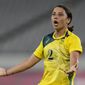 Australia&#39;s Sam Kerr celebrates after scoring her side&#39;s second goal during a women&#39;s soccer match against New Zealand at the 2020 Summer Olympics, Wednesday, July 21, 2021, in Tokyo. (AP Photo/Ricardo Mazalan)