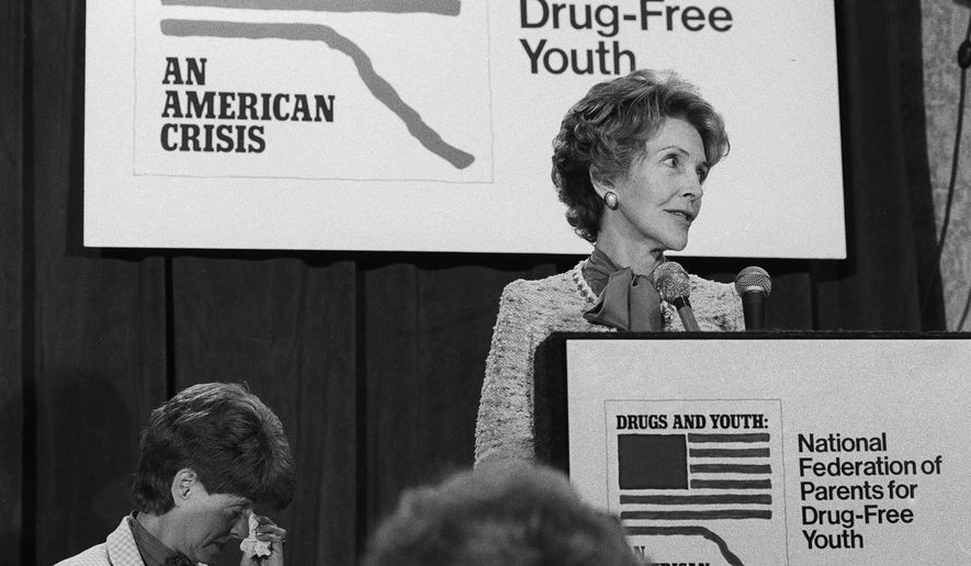 In this Oct. 11, 1982, file photo, first lady Nancy Reagan speaks at the first national conference of the National Federation of Parents for Drug-Free Youth in Washington. “Many people think drug prevention is ‘just say no,’ like Nancy Reagan did in the '80s, and we know that did not work,” said Becky Vance, CEO of the Texas-based agency Drug Prevention Resources, which has advocated for evidence-based, anti-drug and anti-alcohol abuse education for more than 85 years. (AP Photo/Barry Thumma, File)