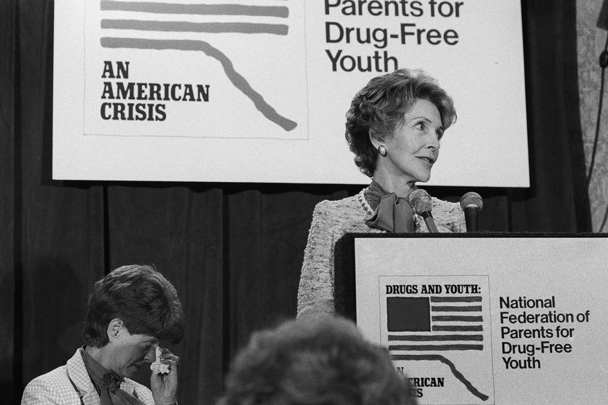 In this Oct. 11, 1982, file photo, first lady Nancy Reagan speaks at the first national conference of the National Federation of Parents for Drug-Free Youth in Washington. “Many people think drug prevention is ‘just say no,’ like Nancy Reagan did in the '80s, and we know that did not work,” said Becky Vance, CEO of the Texas-based agency Drug Prevention Resources, which has advocated for evidence-based, anti-drug and anti-alcohol abuse education for more than 85 years. (AP Photo/Barry Thumma, File)