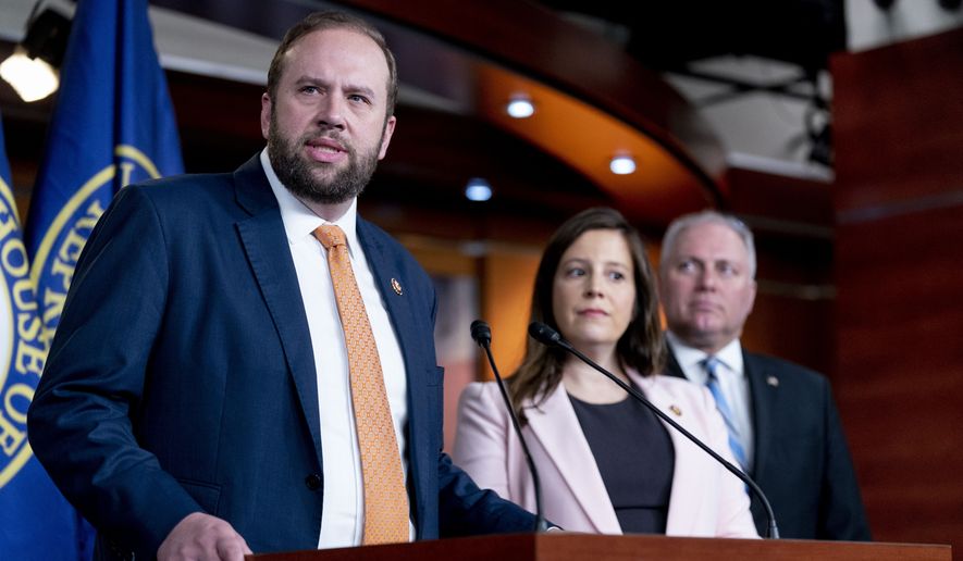 House Budget Committee ranking member Rep. Jason Smith, R-Mo., left, accompanied by House Republican Conference Chair Rep. Elise Stefanik, R-N.Y., second from right, and House Minority Whip Steve Scalise, R-La., right, speaks at a news conference on Capitol Hill in Washington, Tuesday, June 15, 2021. (AP Photo/Andrew Harnik)