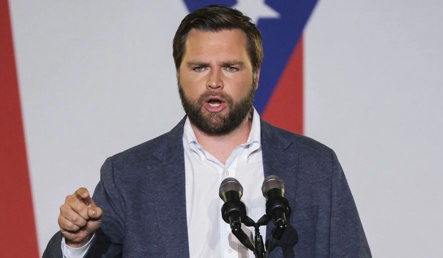 J.D. Vance addresses a rally on July 1, in Middletown, Ohio, where he announced his campaign to fill the Senate seat that will be vacated by Sen. Rob Portman. (Jeffrey Dean / AP)