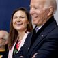 In this Friday, Jan. 3, 2020 file photo, Democratic presidential candidate Joe Biden, right, and Rep. Abby Finkenauer, D-Iowa, center, smile during a campaign rally at the University of Dubuque, in Dubuque, Iowa. Iowa Democrat Abby Finkenauer is running for Republican Chuck Grassleys U.S. Senate seat. The one-term former congresswoman hopes her blue-collar credentials will propel her forward in a state that has grown more conservative over the years.  (AP Photo/Andrew Harnik)  ** FILE **