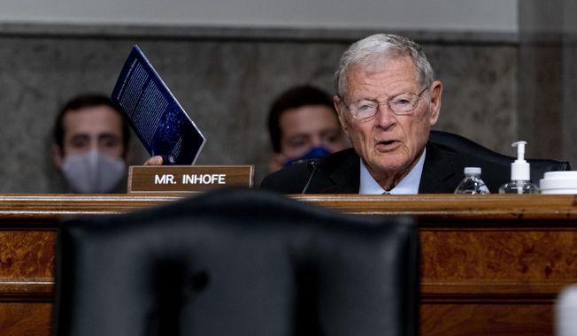 Sen. James Inhofe, R-Okla., speaks at a Senate Armed Services Committee nomination hearing on Capitol Hill in Washington, May 13, 2021. (AP Photo/Andrew Harnik) ** FILE **