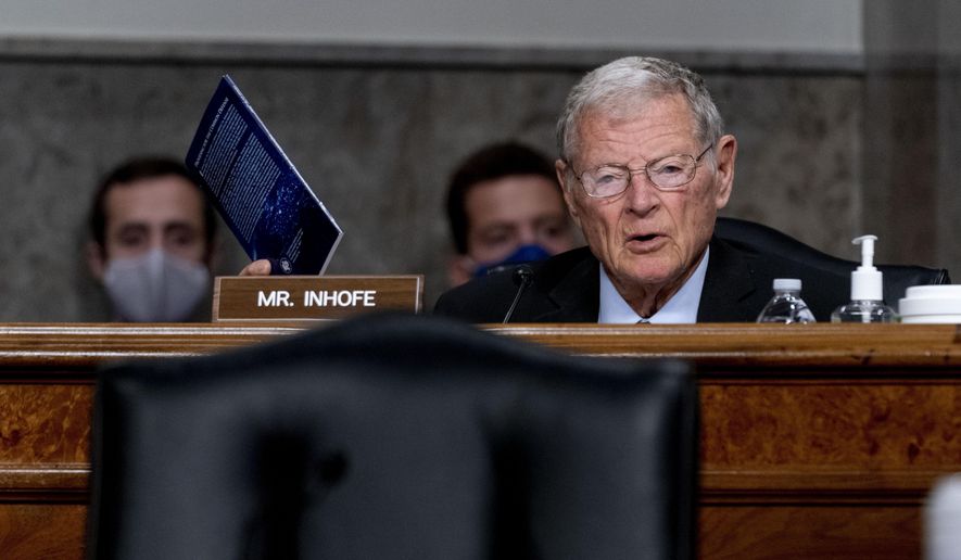 Sen. James Inhofe, R-Okla., speaks at a Senate Armed Services Committee nomination hearing on Capitol Hill in Washington, May 13, 2021. (AP Photo/Andrew Harnik) ** FILE **
