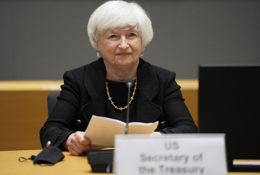 In this July 12, 2021, file photo, U.S. Treasury Secretary Janet Yellen prepares to speak during a meeting of finance ministers at the European Council building in Brussels. Yellen told Congress on Friday, July 23,  that she will start taking emergency measures next week to keep the government from an unprecedented default on the national debt. (AP Photo/Virginia Mayo, File)