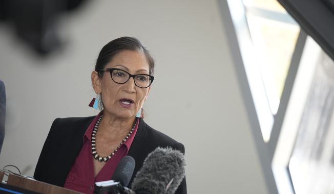 Interior Secretary Deb Haaland, speaks during a news conference after Haaland&#x27;s visit to talk about federal solutions to ease the effects of the drought at the offices of Denver Water Thursday, July 22, 2021, in Denver. Haaland will make stops in two cities on Colorado&#x27;s Western Slope as part of her trip to assess the effects of the drought on the Centennial State. (AP Photo/David Zalubowski) **FILE**