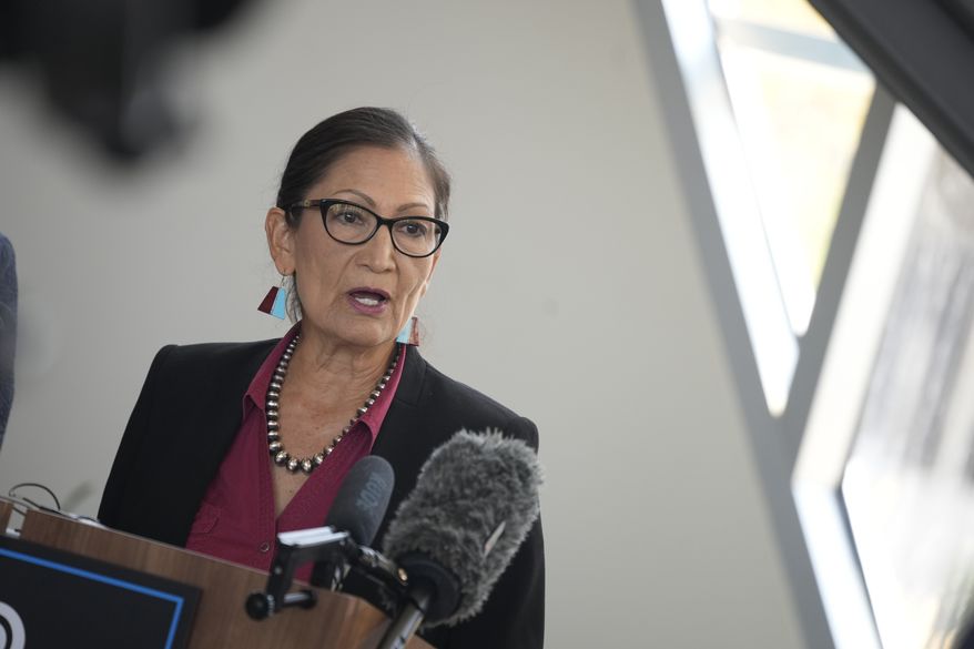Interior Secretary Deb Haaland, speaks during a news conference after Haaland&#39;s visit to talk about federal solutions to ease the effects of the drought at the offices of Denver Water Thursday, July 22, 2021, in Denver. Haaland will make stops in two cities on Colorado&#39;s Western Slope as part of her trip to assess the effects of the drought on the Centennial State. (AP Photo/David Zalubowski) **FILE**