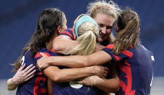 United States&#39; Lindsey Horan, second from right, celebrates after scoring a goal during a women&#39;s soccer match against New Zealand at the 2020 Summer Olympics, Saturday, July 24, 2021, in Saitama, Japan. (AP Photo/Martin Mejia)