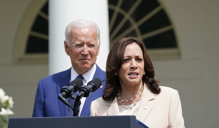 Vice President Kamala Harris speaks as President Joe Biden looks on, during an event in the Rose Garden of the White House in Washington, Monday, July 26, 2021, to highlight the bipartisan roots of the Americans with Disabilities Act and marking the law&#x27;s 31st anniversary. (AP Photo/Susan Walsh) **FILE**