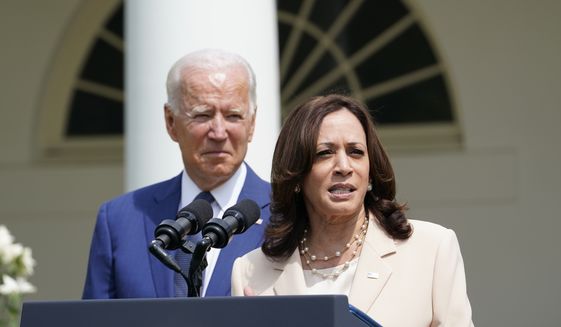 Vice President Kamala Harris speaks as President Joe Biden looks on, during an event in the Rose Garden of the White House in Washington, Monday, July 26, 2021, to highlight the bipartisan roots of the Americans with Disabilities Act and marking the law&#39;s 31st anniversary. (AP Photo/Susan Walsh) **FILE**