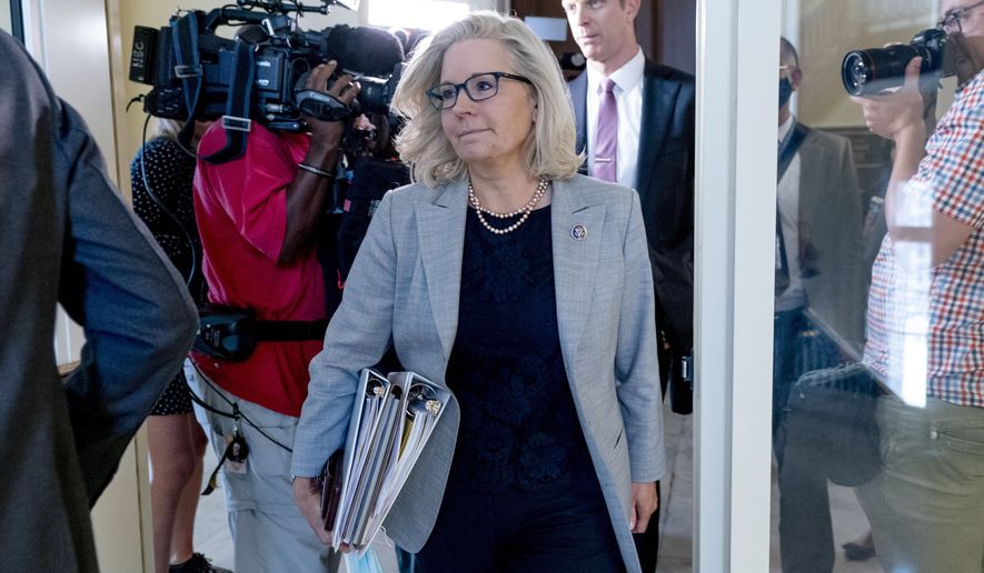 Rep. Liz Cheney, R-Wyo., leaves a meeting of the select committee on the Jan. 6 attack as they prepare to hold their first hearing Tuesday, on Capitol Hill, in Washington, Monday, July 26, 2021. The panel will investigate what went wrong around the Capitol when hundreds of supporters of Donald Trump broke into the building and rioters brutally beat police, hunted for lawmakers and interrupted the congressional certification of Democrat Joe Biden&#39;s election victory over Trump. (AP Photo/Andrew Harnik)