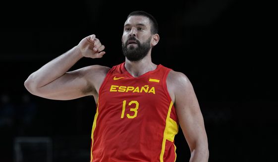 Spain&#39;s Marc Gasol plays against Japan during a men&#39;s basketball preliminary round game at the 2020 Summer Olympics in Saitama, Japan, Monday, July 26, 2021. (AP Photo/Eric Gay)