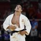 Shohei Ono of Japan reacts after winning the men&#39;s -73kg judo final match against Lasha Shavdatuashvili of Georgia, at the 2020 Summer Olympics in Tokyo, Japan, Monday, July 26, 2021. (AP Photo/Vincent Thian)