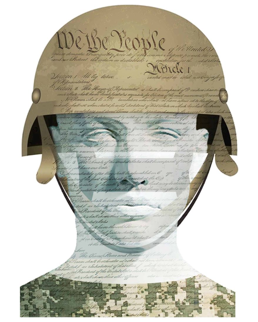 Illustration on educating military cadets on civics and the Constitution by Alexander Hunter/The Washington Times