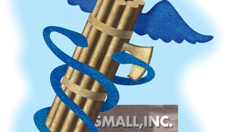 Illustration on government health care insurance policy and small business by Alexander Hunter/The Washington Times