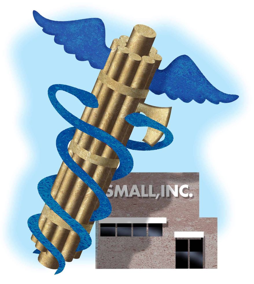 Illustration on government health care insurance policy and small business by Alexander Hunter/The Washington Times