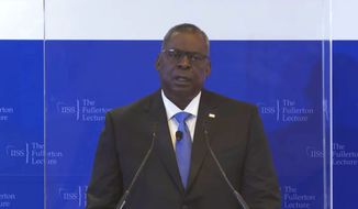 In this image from video provided by IISS, U.S. Defense Secretary Lloyd J. Austin delivers a speech during the 40th IISS Fullerton Lecture Tuesday, July 27, 2021 in Singapore. Austin decried the actions of Myanmar&#39;s military rulers as unacceptable on Tuesday, while urging a regional bloc to keep demanding an end to violence. Austin also applauded the Association of Southeast Asian nations for its efforts on the issue, which included forging a consensus with Myanmars military leader in April. (IISS via AP)