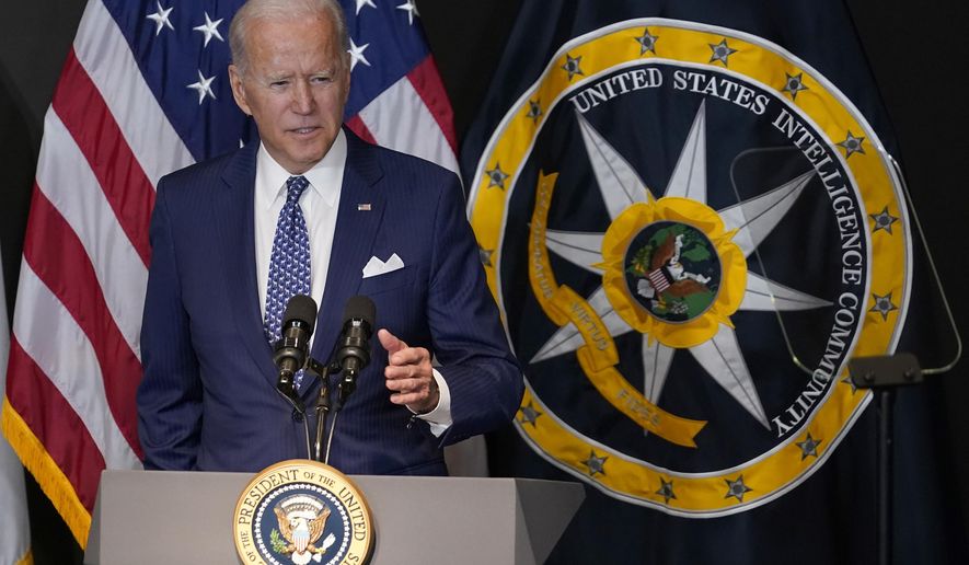 President Joe Biden speaks during a visit to the Office of the Director of National Intelligence in McLean, Va., Tuesday, July 27, 2021. This is Biden&#39;s first visit to an agency of the U.S. intelligence community. (AP Photo/Susan Walsh)