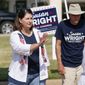 Susan Wright, Republican candidate for Texas&#39; 6th Congressional District, greets voters outside a polling location during early voting for a special runoff election on Thursday, July 22, 2021, in Arlington, Texas. The runoff for a U.S. House seat in Texas is deciding who will fill the remaining term of Rep. Ron Wright, who died in February after contracting COVID-19. Voters on Tuesday, July 27 were choosing between Wright, the widow of the late congressman, and Jake Ellzey, a Republican state legislator. Wright is a longtime GOP party activist and carries the endorsement of former President Donald Trump. (Elias Valverde II/The Dallas Morning News via AP) **FILE**