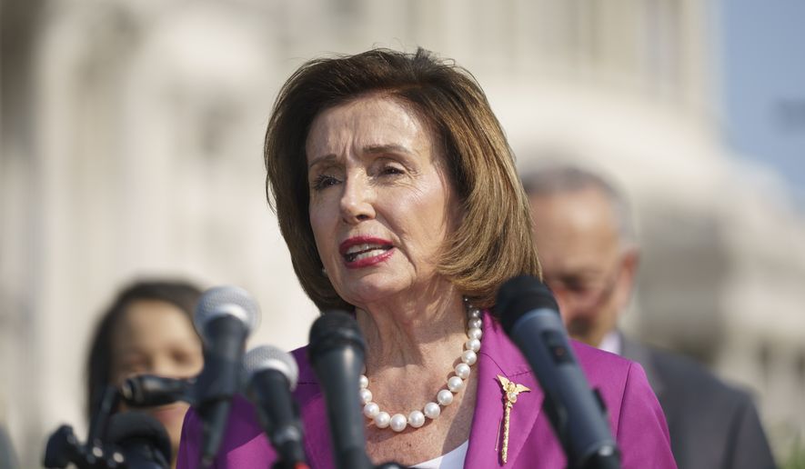 Speaker of the House Nancy Pelosi, D-Calif., talks at an event on the urgent need to counter climate change in the US with transformational investments in clean jobs, at the Capitol in Washington, Wednesday, July 28, 2021. (AP Photo/J. Scott Applewhite)