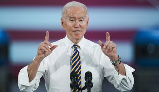 President Joe Biden speaks during a visit to the Lehigh Valley operations facility for Mack Trucks in Macungie, Pa., Wednesday, July 28, 2021. (AP Photo/Matt Rourke)