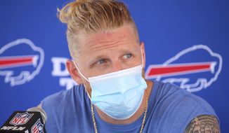 Buffalo Bills receiver Cole Beasley addresses the media following practice at NFL football training camp in Orchard Park, N.Y., Wednesday, July 28, 2021. (AP Photo/Jeffrey T. Barnes) ** FILE **