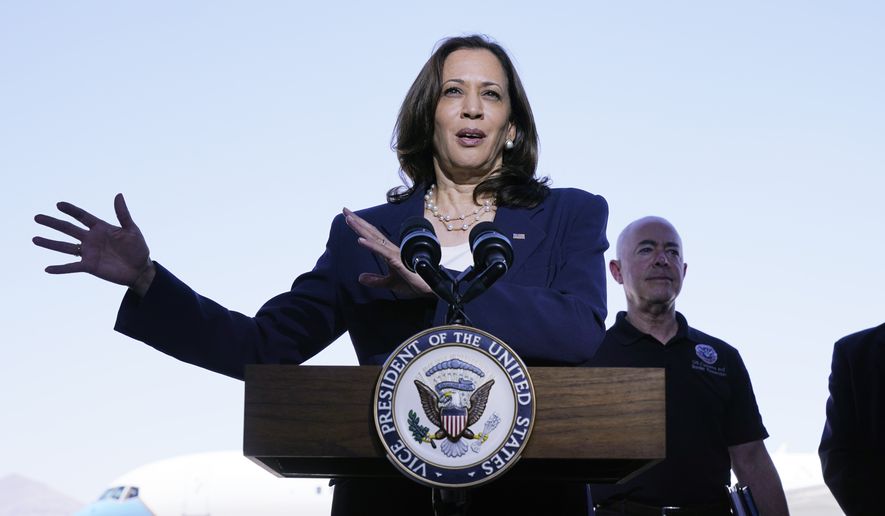 Vice President Kamala Harris talks to the media, Friday, June 25, 2021, after her tour of the U.S. Customs and Border Protection Central Processing Center in El Paso, Texas. AP Photo/Jacquelyn Martin) ** FILE **