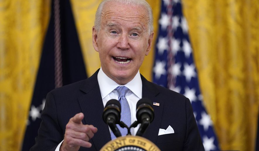President Joe Biden speaks about COVID-19 vaccine requirements for federal workers in the East Room of the White House in Washington, Thursday, July 29, 2021. (AP Photo/Susan Walsh)