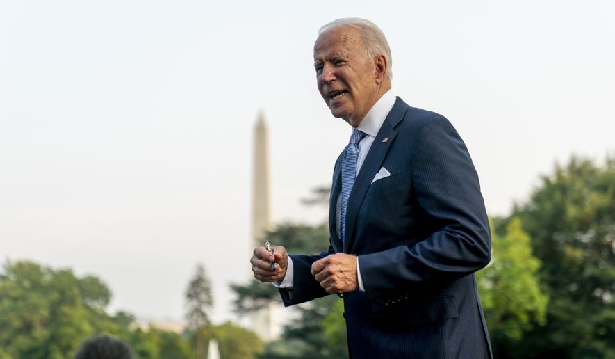 President Joe Biden speaks to members of the media before boarding Marine One on the South Lawn of the White House in Washington, Thursday, July 29, 2021, for a short trip to Walter Reed National Military Medical Center in Bethesda, Md., where he will join first lady Jill Biden who will undergo a procedure to remove an object from her left foot. (AP Photo/Andrew Harnik)
