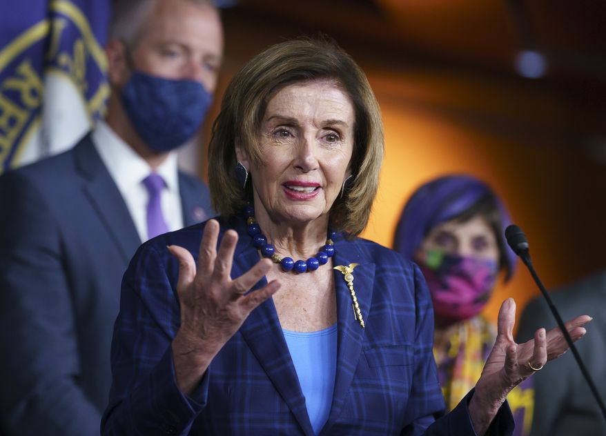 Speaker of the House Nancy Pelosi, D-Calif., and Democratic leaders discuss their legislative agenda, including voting rights, public health, and infrastructure, during a news conference at the Capitol in Washington, Friday, July 30, 2021. (AP Photo/J. Scott Applewhite)  **FILE**